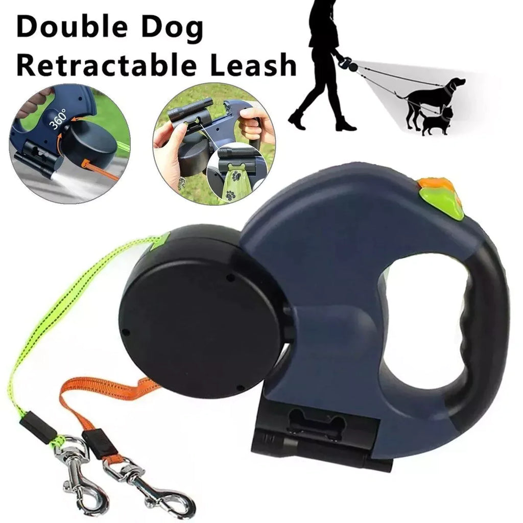 FlexiPaw™ Dual Retractable Dog Leash | 360° Tangle-Free Reflective Double Lead