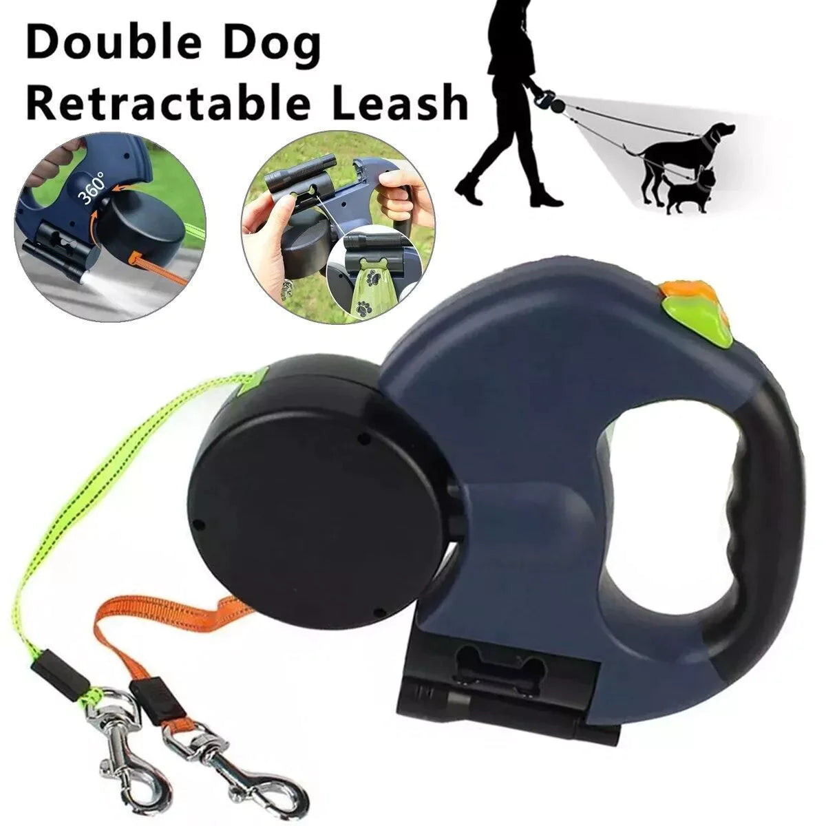 FlexiPaw™ Dual Retractable Dog Leash | 360° Tangle-Free Reflective Double Lead