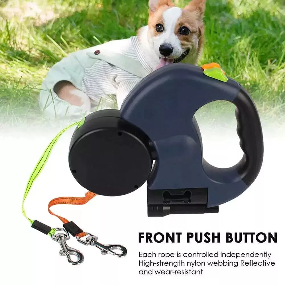 FlexiPaw™ Dual Retractable Dog Leash | 360° Tangle-Free Reflective Double Lead