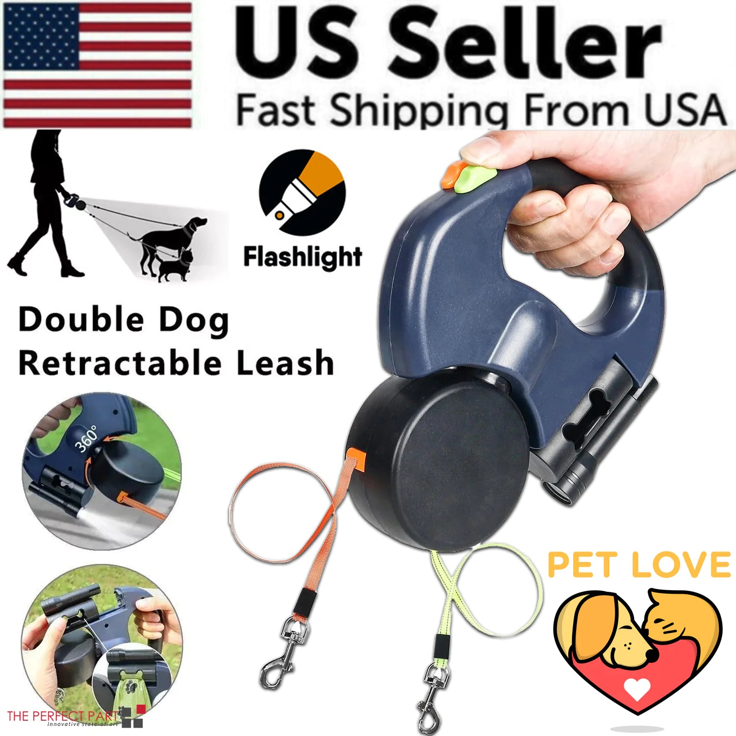 FlexiPaw™ Dual Retractable Dog Leash | 360° Tangle-Free Reflective Double Lead