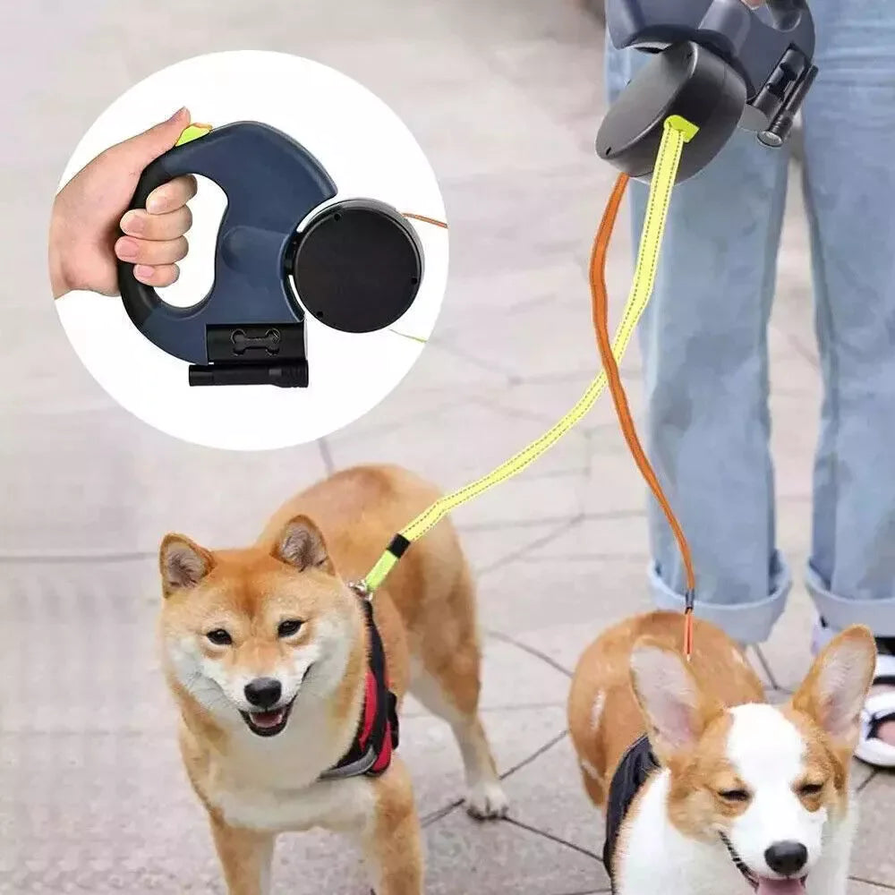 FlexiPaw™ Dual Retractable Dog Leash | 360° Tangle-Free Reflective Double Lead