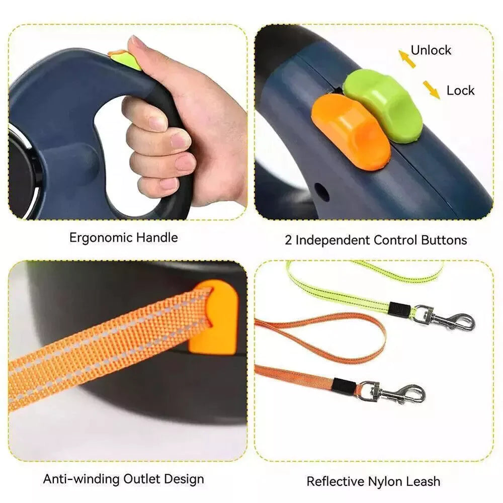 FlexiPaw™ Dual Retractable Dog Leash | 360° Tangle-Free Reflective Double Lead