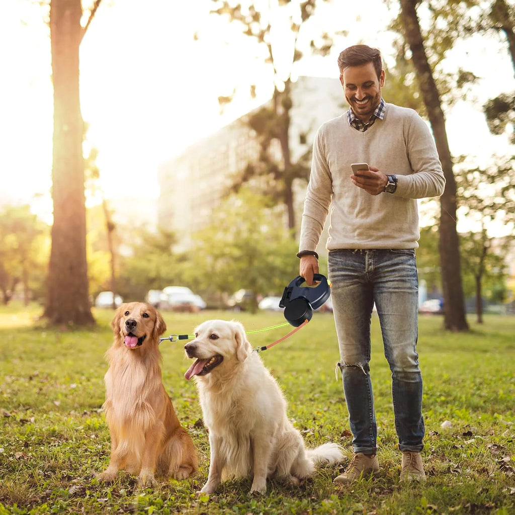 FlexiPaw™ Dual Retractable Dog Leash | 360° Tangle-Free Reflective Double Lead